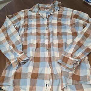 Wrangler Men's Plaid Brown Blue Long Sleeve Button-Up Shirt Size L